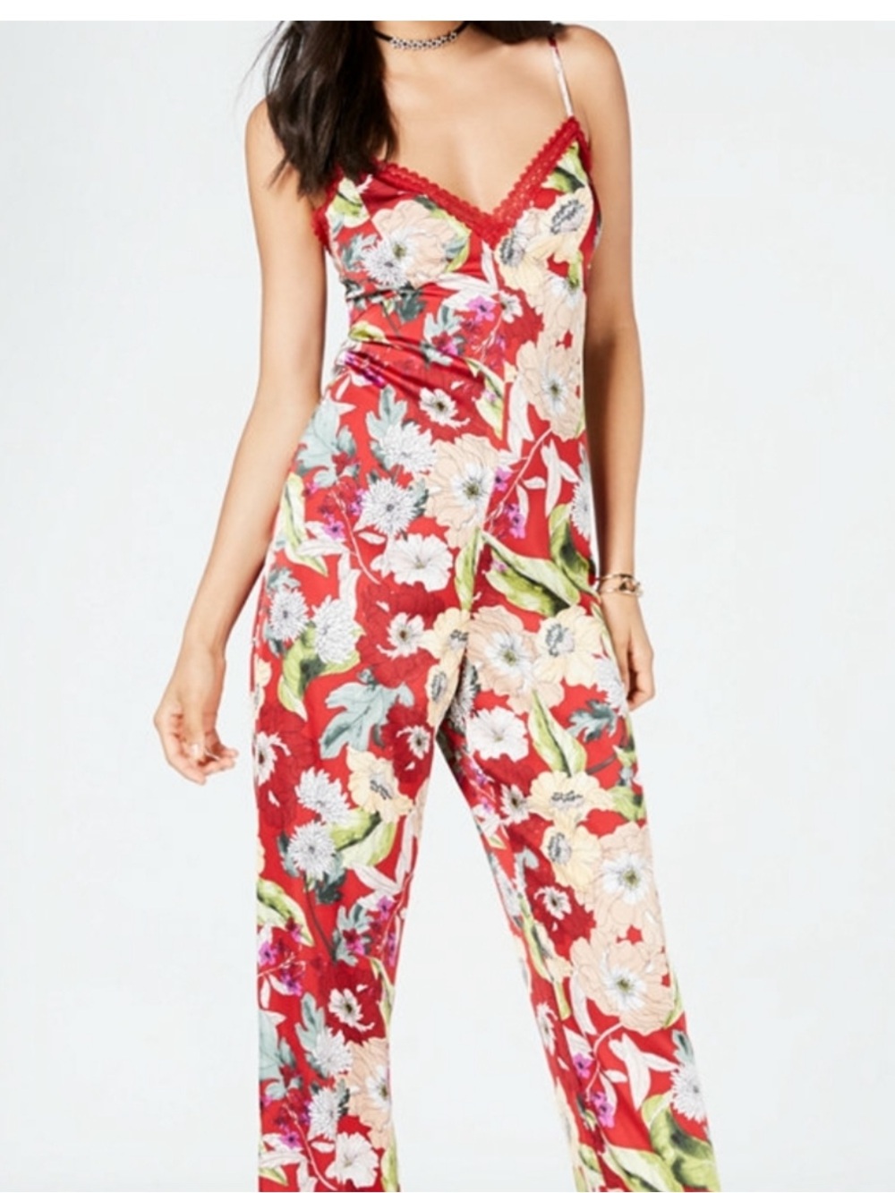 Guess Feminine Chic Lace Trim Wide Leg Jumpsuit Sultry Red Floral Romper Size 0